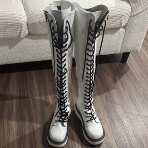 Emily 375 Demonia Thigh High White Lace-Up Boots with Black Accents